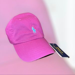 RALPH LAUREN POLO HAT IN PINK WITH BABY BLUE HORSE - ONE SIZE